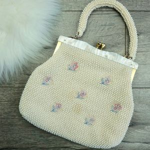 Vintage Floral Beaded Handbag Cream